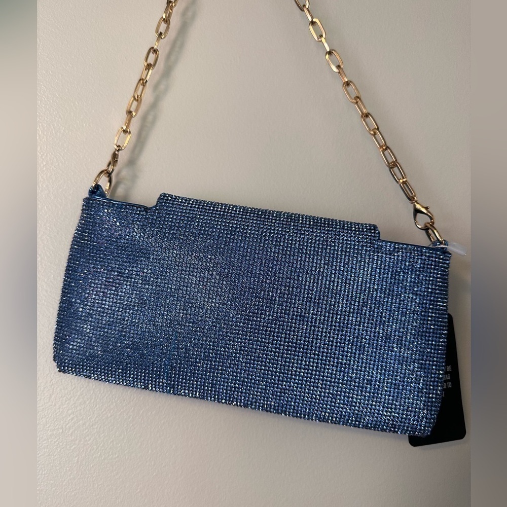 NWT BOXING CHAIN STRAP DETAIL RECTANGLE SHAPED SHOULDER BAG IN BLUE DIAMANTE - Picture 6 of 6